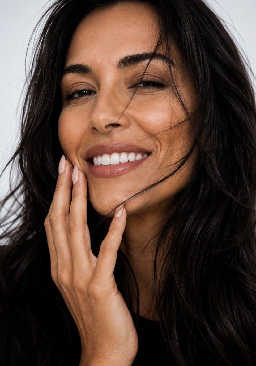 A woman touching her cheek, smiling softly